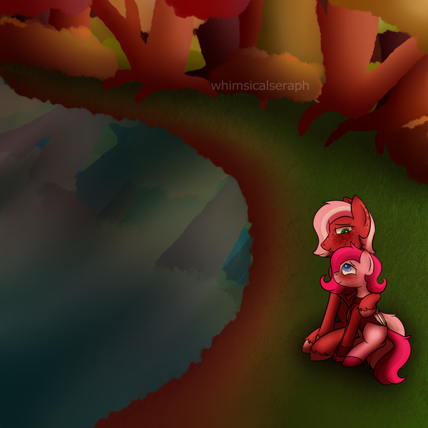 Size: 2000x2000 | Tagged: safe, artist:whimsicalseraph, derpibooru import, oc, oc:raspberry sorbet, oc:strawberry syrup, unofficial characters only, pegasus, pony, autumn, clothes, duo, female, forest, image, incest, lesbian, nature, png, siblings, tree, twincest, twins