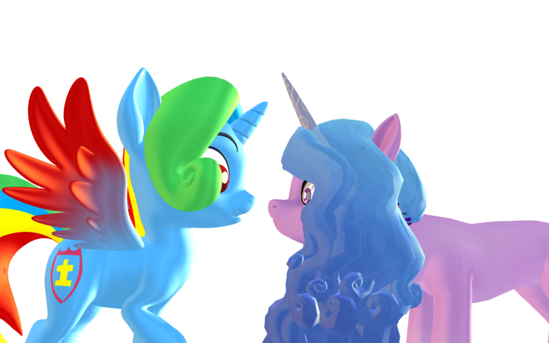 Size: 1920x1200 | Tagged: safe, artist:puzzlshield2, derpibooru import, izzy moonbow, oc, oc:puzzle shield, alicorn, pony, g5, my little pony: a new generation, my little pony: make your mark, 3d, alicorn oc, concave belly, g4, generation leap, horn, horn markings, image, long mane, mmd, physique difference, png, recreation, render, scene interpretation, side view, staring contest, wings