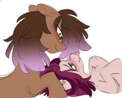 Size: 1400x1118 | Tagged: safe, artist:crimmharmony, derpibooru import, oc, oc:be sharp, oc:crimm harmony, unofficial characters only, bat pony, earth pony, pony, blushing, colored sketch, floppy ears, image, lidded eyes, looking at each other, looking at someone, male, oc x oc, png, shipping, simple background, sketch, stallion, white background