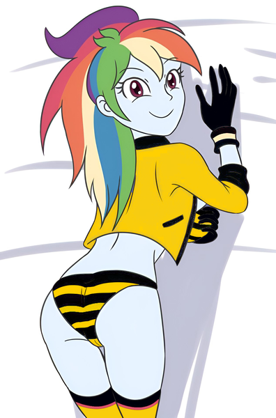Size: 1268x1920 | Tagged: questionable, artist:sumin6301, derpibooru import, edit, rainbow dash, human, equestria girls, against wall, ass, bra, breasts, busty rainbow dash, butt, cameltoe, cleavage, clothes, eyebrows, eyebrows visible through hair, female, gloves, grope, hand on breasts, image, jacket, looking at you, panties, png, ponytail, rainbutt dash, rear view, self grope, simple background, smiling, smiling at you, socks, solo, solo female, striped bra, striped panties, striped underwear, stupid sexy rainbow dash, thigh highs, underwear, white background