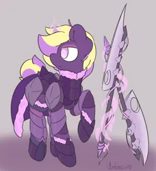 Size: 1280x1404 | Tagged: safe, artist:umbreow, derpibooru import, oc, oc:vigilant shroud, earth pony, pony, armor, image, magic, male, png, solo, stallion, weapon