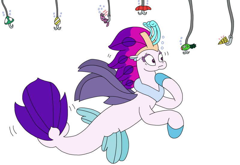 Size: 2942x2024 | Tagged: safe, artist:supahdonarudo, derpibooru import, queen novo, seapony (g4), worm, series:novoember, my little pony: the movie, bait, bubble, cheese, fins, fish tail, fishing hook, food, hook, image, png, scared, screaming, simple background, swimming, tail, transparent background, underwater, water