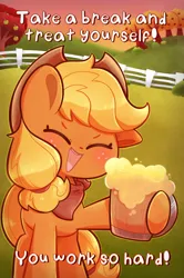 Size: 827x1242 | Tagged: safe, artist:typhwosion, derpibooru import, applejack, earth pony, pony, apple cider, applejack's hat, cheers, cowboy hat, eyes closed, female, hat, image, jpeg, solo, sweet apple acres