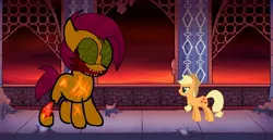 Size: 2048x1059 | Tagged: semi-grimdark, derpibooru import, applejack, babs seed, earth pony, pony, applejack's hat, background, brain, castle, cowboy hat, creepy, darkened coat, darkened hair, exposed bone, female, filly, foal, hat, height difference, image, jpeg, mare, no eyes, organs, scar