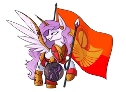 Size: 2268x1652 | Tagged: safe, artist:moonatik, derpibooru import, oc, oc:iron glamour, unofficial characters only, pegasus, pony, armor, armored pony, clothes, commission, flag, gold, image, pegasus oc, png, shield, simple background, solar empire, solo, spear, transparent background, uniform, weapon, wings