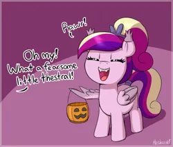 Size: 2576x2184 | Tagged: safe, artist:heretichesh, derpibooru import, princess cadance, bat pony, pegasus, pony, clothes, costume, cute, cutedance, eyes closed, fake fangs, fangs, female, filly, filly cadance, foal, halloween, holiday, image, nightmare night costume, offscreen character, one wing out, open mouth, open smile, pegasus cadance, png, pumpkin bucket, rawr, signature, smiling, solo, trick or treat, wings, younger