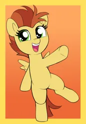 Size: 1587x2298 | Tagged: safe, artist:heretichesh, derpibooru import, lemon crumble, pegasus, pony, bipedal, cute, female, filly, foal, friendship student, gradient background, hyper sonic, image, looking at you, open mouth, open smile, png, smiling, smiling at you, solo, standing, standing on one leg, underhoof