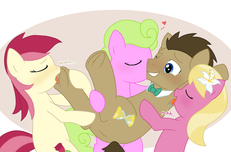 Size: 1517x1000 | Tagged: suggestive, artist:alibbon, derpibooru import, daisy, doctor whooves, flower wishes, lily, lily valley, roseluck, time turner, earth pony, pony, armpit licking, blushing, drool, female, fetish, flower trio, frog (hoof), hoof fetish, hoof licking, hoof worship, image, kiss on the cheek, kissing, licking, male, mare, png, stallion, tongue out, underhoof