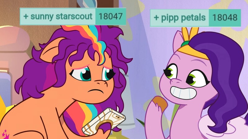 Size: 3410x1920 | Tagged: safe, derpibooru import, edit, edited screencap, screencap, pipp petals, sunny starscout, earth pony, pegasus, pony, derpibooru, g5, my little pony: tell your tale, spoiler:g5, spoiler:my little pony: tell your tale, spoiler:tyts01e21, image, jpeg, meta, my bananas, tags