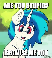 Size: 1630x1838 | Tagged: safe, artist:reddthebat, derpibooru import, vinyl scratch, earth pony, pony, unicorn, caption, female, image, image macro, looking at you, mare, missing accessory, no glasses, png, smiling, smiling at you, solo, talking to viewer, text