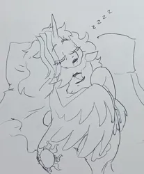 Size: 1375x1664 | Tagged: safe, artist:pony quarantine, derpibooru import, cloudy daze, curtain call, oc, oc:dyx, alicorn, pegasus, pony, bed, canon x oc, cuddling, duo, duo male and female, eye clipping through hair, eyes closed, female, floppy ears, grayscale, hug, image, jpeg, male, mare, married couple, monochrome, older, older cloudy daze, older dyx, on bed, onomatopoeia, overhead view, pen drawing, shipping, sound effects, stallion, straight, traditional art, winghug, wings, zzz