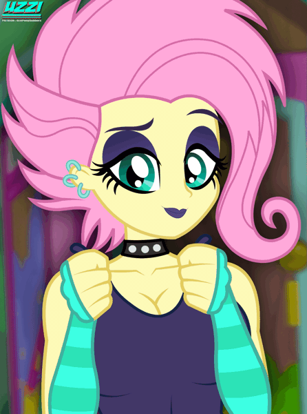 Size: 1115x1500 | Tagged: questionable, artist:uzzi-ponydubberx, fluttershy, rarity, human, equestria girls, equestria girls series, the road less scheduled, the road less scheduled: fluttershy, spoiler:eqg series (season 2), alternate hairstyle, animated, big breasts, blushing, breasts, busty fluttershy, choker, clothes, evening gloves, eye contact, eyeshadow, female, flarity, flashing boobs, flutterpunk, gif, gloves, humanized, image, lesbian, lipstick, long gloves, looking at each other, looking at you, makeup, nipples, nudity, piercing, shipping, solo, spiked choker, striped, stupid sexy fluttershy, undressing