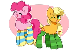 Size: 5723x3776 | Tagged: safe, artist:kittyrosie, derpibooru import, applejack, pinkie pie, earth pony, pony, :p, absurd resolution, clothes, cute, diapinkes, eyes closed, image, jackabetes, one eye closed, open mouth, png, simple background, socks, striped socks, tongue out, transparent background, wink
