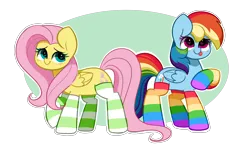 Size: 5688x3388 | Tagged: safe, artist:kittyrosie, derpibooru import, fluttershy, rainbow dash, pegasus, pony, :p, clothes, cute, dashabetes, duo, female, image, mare, png, rainbow socks, raised hoof, shyabetes, simple background, socks, striped socks, tongue out, transparent background