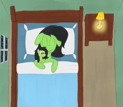 Size: 1471x1276 | Tagged: safe, artist:ponycolton, derpibooru import, oc, oc:anonfilly, unofficial characters only, pony, bed, cuddling, female, filly, image, lamp, on bed, pillow, plushie, png, self plushidox, sleeping, solo, window