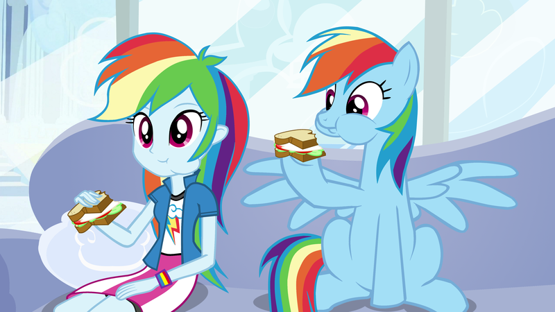 Size: 3840x2160 | Tagged: safe, artist:octosquish7260, derpibooru import, rainbow dash, human, pegasus, pony, equestria girls, breakfast, couch, eating, egg, female, food, g4, image, mare, png, sandwich, sitting