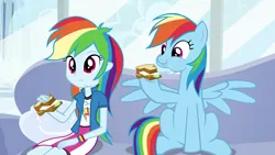 Size: 3840x2160 | Tagged: safe, artist:octosquish7260, derpibooru import, rainbow dash, human, pegasus, pony, equestria girls, breakfast, couch, eating, egg, female, food, g4, image, mare, png, sandwich, sitting