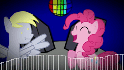 Size: 1920x1080 | Tagged: safe, artist:pyrogaming, derpibooru import, derpy hooves, pinkie pie, earth pony, pegasus, pony, animated, background pony, blue background, cute, derpabetes, disco ball, friday night funkin', huh, image, meme, music, onomatopoeia, question mark, reference to another series, remix, simple background, song, song reference, sound effects, speaker, video, video at source, webm