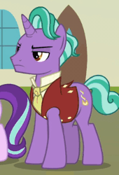 Size: 288x423 | Tagged: safe, derpibooru import, screencap, firelight, starlight glimmer, pony, unicorn, the parent map, animated, annoyed, cropped, duo, eyeroll, female, gif, image, male, mare, offscreen character, solo focus, stallion