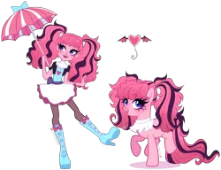 Size: 3492x2684 | Tagged: safe, artist:gihhbloonde, derpibooru import, earth pony, human, pony, equestria girls, blue eyes, boots, cardigan, clothes, crossover fusion, fangs, female, fishnet pantyhose, fusion, fusion:draculaura, fusion:pinkie pie, gradient hair, gradient mane, gradient tail, high heel boots, image, jabot, lightly watermarked, lipstick, long tail, mare, monster high, open mouth, parasol (umbrella), pigtails, png, pointed ears, raised hoof, self paradox, self ponidox, shoes, simple background, skirt, smiling, standing, standing on one leg, standing on two hooves, tail, transparent background, watermark