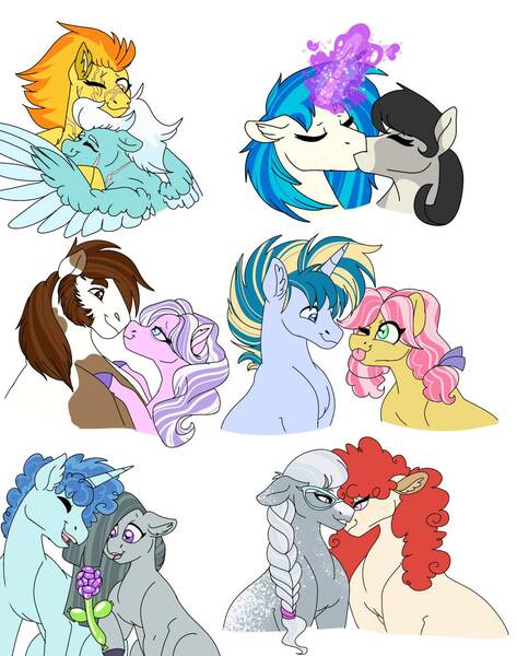 Size: 1129x1433 | Tagged: safe, artist:jinx32297, derpibooru import, diamond tiara, fleetfoot, kettle corn, limestone pie, octavia melody, party favor, pipsqueak, silver spoon, skeedaddle, spitfire, twist, vinyl scratch, earth pony, pegasus, pony, unicorn, female, fleetfire, image, jpeg, kedaddle, kiss on the lips, kissing, lesbian, male, mare, older, older diamond tiara, older kettle corn, older pipsqueak, older silver spoon, older skeedaddle, older twist, piptiara, scar, scratchtavia, shipping, silvertwist, simple background, stallion, straight, tongue out, white background