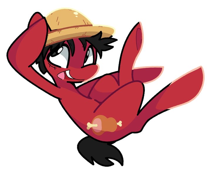 Size: 2139x1802 | Tagged: safe, artist:kindakismet, derpibooru import, ponified, earth pony, pony, anime, hat, image, jpeg, monkey d. luffy, one piece, simple background, smiling, straw hat, white background