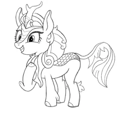 Size: 2490x2301 | Tagged: safe, artist:maonyman, derpibooru import, autumn blaze, kirin, black and white, female, grayscale, hoof on chest, image, lineart, monochrome, png, raised hoof, simple background, smiling, solo, white background