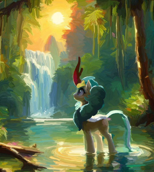 Size: 1976x2200 | Tagged: safe, artist:yidwags, derpibooru import, rain shine, kirin, image, jungle, painterly, painting, png, solo, wading, water, waterfall