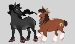 Size: 2550x1512 | Tagged: safe, artist:yozora122, derpibooru import, king sombra, trouble shoes, earth pony, pony, unicorn, broken horn, cloven hooves, crack shipping, gay, gray background, horn, image, jpeg, looking at each other, looking at someone, male, shipping, simple background, story included