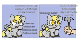 Size: 1280x698 | Tagged: semi-grimdark, derpibooru import, fluffy pony, pegasus, confused, fluffy pony original art, hammer, idea, image, imminent pain, impending doom, look-alike, offscreen character, offscreen human, png, this will end in pain