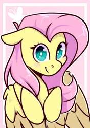 Size: 2039x2894 | Tagged: safe, artist:jelly-sketch, artist:jellysketch, derpibooru import, part of a set, fluttershy, pegasus, pony, blush sticker, blushing, bust, cute, cutie mark background, female, floppy ears, g4, high res, hooves to the chest, image, looking at you, mare, partially open wings, png, portrait, shyabetes, smiling, smiling at you, solo, wings