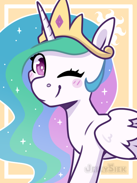 Size: 2067x2756 | Tagged: safe, artist:jelly-sketch, derpibooru import, part of a set, princess celestia, alicorn, pony, blush sticker, blushing, crown, cutie mark background, ethereal mane, female, g4, high res, horn, image, jewelry, looking at you, mare, one eye closed, png, regalia, smiling, smiling at you, solo, wings, wink, winking at you