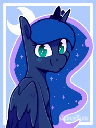 Size: 2067x2756 | Tagged: safe, artist:jelly-sketch, derpibooru import, part of a set, princess luna, alicorn, pony, blush sticker, blushing, cutie mark background, ethereal mane, eye clipping through hair, female, g4, galaxy mane, high res, horn, image, looking at you, mare, png, smiling, smiling at you, solo, wings