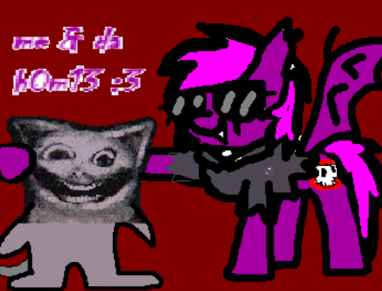 Size: 757x577 | Tagged: safe, artist:xxv4mp_g4z3rxx, derpibooru import, oc, oc:violet valium, bat pony, pony, 1000 hours in ms paint, animal, bipedal, clothes, creepypasta, fangs, holding, hoodie, hug, image, looking at you, mr widemouth, ms paint, png, smiling, sunglasses