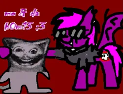 Size: 757x577 | Tagged: safe, artist:xxv4mp_g4z3rxx, derpibooru import, oc, oc:violet valium, bat pony, pony, 1000 hours in ms paint, animal, bipedal, clothes, creepypasta, fangs, holding, hoodie, hug, image, looking at you, mr widemouth, ms paint, png, smiling, sunglasses