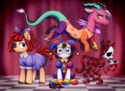Size: 4369x3200 | Tagged: safe, artist:lina, artist:megabait, derpibooru import, oc, ponified, draconequus, earth pony, hybrid, original species, pony, clothes, costume, crossover, doll, dress, female, gangle, group, hat, image, jester, jester hat, looking at you, mare, mask, png, pomni, ragatha, sitting, smiling, the amazing digital circus, toy, zooble