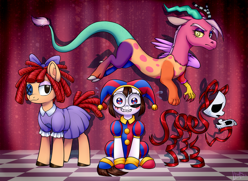 Size: 4369x3200 | Tagged: safe, alternate version, artist:lina, artist:megabait, derpibooru import, oc, ponified, draconequus, hybrid, pony, bow, clothes, costume, crossover, crying, depressed, doll, drama, dress, female, flying, gangle, grin, group, hair bow, hat, image, jester, jester hat, jester outfit, looking at you, mare, mask, nervous, nervous grin, png, pomni, ragatha, sitting, smiling, smiling at you, the amazing digital circus, toy, zooble