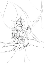 Size: 1448x2048 | Tagged: safe, artist:kaikamoi, derpibooru import, oc, unofficial characters only, changeling, pony, curved horn, female, food, honey, horn, image, jar, jpeg, mare, monochrome, sitting, sketch, solo, wip