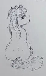Size: 1082x1797 | Tagged: safe, artist:pony quarantine, derpibooru import, oc, unofficial characters only, earth pony, pony, eye clipping through hair, eyebrows, eyebrows visible through hair, female, grayscale, image, jpeg, lidded eyes, looking at you, looking back, looking back at you, mare, monochrome, pen drawing, pouty lips, rear view, sitting, solo, traditional art
