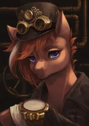 Size: 1920x2716 | Tagged: safe, artist:catofrage, derpibooru import, oc, unofficial characters only, earth pony, pony, clothes, coat, goggles, goggles on head, hat, image, png, solo, steampunk, top hat, watch, wristwatch