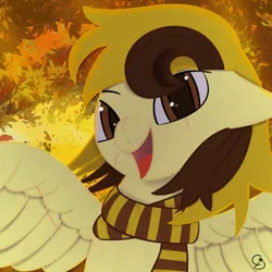 Size: 1024x1024 | Tagged: safe, artist:countderpy, derpibooru import, oc, oc:countess sweet bun, pegasus, autumn, clothes, falling leaves, image, leaves, png, scar, scarf, solo, spread wings, wings