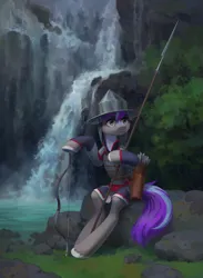 Size: 1500x2048 | Tagged: safe, artist:koviry, derpibooru import, oc, unofficial characters only, earth pony, pony, armor, arrow, bow (weapon), commission, image, jpeg, quiver, sitting, solo, spear, unshorn fetlocks, water, waterfall, weapon