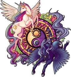 Size: 600x655 | Tagged: safe, artist:therabbitfollower, derpibooru import, princess celestia, princess luna, alicorn, pony, duo, female, flying, hoers, hoof shoes, image, jewelry, mare, peytral, png, regalia, simple background, spread wings, stained glass, transparent background, wings, yin-yang
