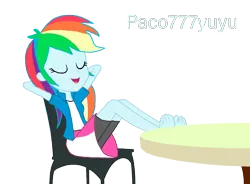 Size: 1252x920 | Tagged: safe, artist:paco777yuyu, derpibooru import, rainbow dash, equestria girls, barefoot, confident, feet, feet up, female, fetish, foot fetish, foot focus, goddess, image, png, simple background, solo, solo female