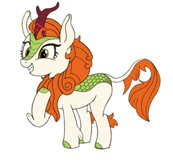 Size: 2490x2301 | Tagged: safe, artist:maonyman, derpibooru import, autumn blaze, kirin, derpibooru exclusive, female, hoof on chest, image, png, raised hoof, simple background, smiling, solo, white background