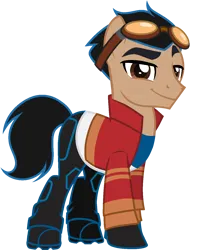 Size: 1184x1408 | Tagged: safe, artist:muhammad yunus, artist:pandaspiner, derpibooru import, ponified, earth pony, pony, base used, clothes, eyebrows, generator rex, goggles, goggles on head, image, jacket, looking at you, male, pants, png, rex salazar, shoes, simple background, skin, skirt, smiling, smiling at you, solo, topwear, transparent background