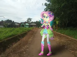 Size: 1200x898 | Tagged: safe, artist:mazakbar567, derpibooru import, fluttershy, human, equestria girls, legend of everfree, boots, clothes, crystal guardian, equestria girls in real life, high heel boots, image, indonesia, irl, looking up, photo, png, shoes, solo, street