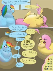 Size: 3046x4096 | Tagged: suggestive, artist:magicghostslime, derpibooru import, part of a set, fluttershy, rainbow dash, pegasus, pony, belly, big belly, chubby cheeks, colored wings, comic, dialogue, eyes closed, fat, fat fetish, fattershy, female, fetish, growth drive, high res, huge belly, image, incentive drive, jpeg, looking at each other, looking at someone, mare, morbidly obese, neck roll, obese, open mouth, part of a series, rainblob dash, rolls of fat, speech bubble, two toned wings, weight gain sequence, wings