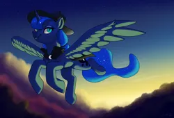 Size: 2500x1700 | Tagged: safe, artist:silverhopexiii, derpibooru import, princess luna, alicorn, pony, cape, clothes, cloud, female, flying, hat, image, mare, png, smiling, solo, spread wings, twilight (astronomy), wings, witch hat