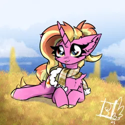 Size: 2000x2000 | Tagged: safe, artist:jubyskylines, derpibooru import, luster dawn, pony, unicorn, autumn, chest fluff, clothes, ear fluff, female, grass, image, lying down, mare, png, scarf, smiling, solo, tongue out